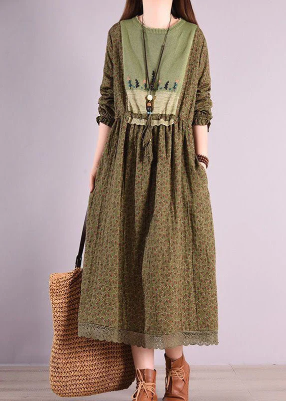 Bohemian Green O Neck Wrinkled Print Patchwork Linen Long Dress Spring - republicanstateiBohemian Green O Neck Wrinkled Print Patchwork Linen Long Dress Spring - republicanstatei