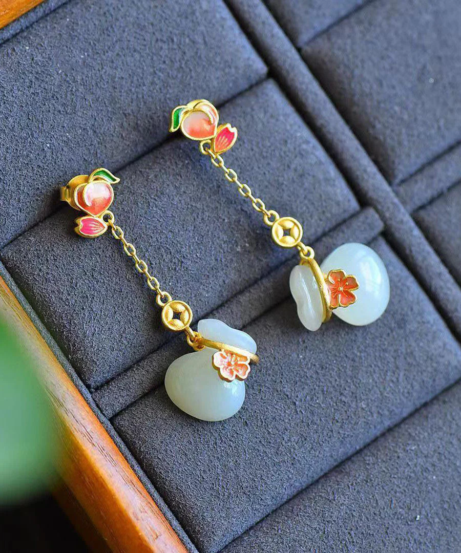 Beautiful Pink Sterling Silver Overgild Jade Enamel Money Bag Drop Earrings - republicanstateiBeautiful Pink Sterling Silver Overgild Jade Enamel Money Bag Drop Earrings - republicanstatei