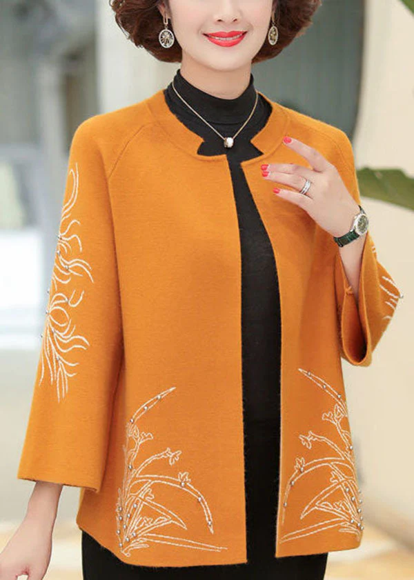 Classy Orange O-Neck Embroideried Nail Bead Woolen Cardigan Long Sleeve - republicanstateiClassy Orange O-Neck Embroideried Nail Bead Woolen Cardigan Long Sleeve - republicanstatei