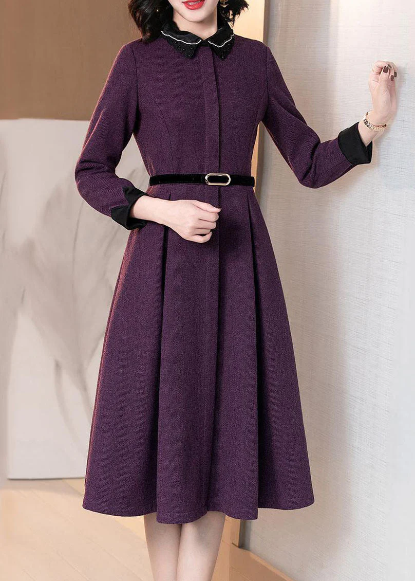 Elegant Purple Peter Pan Collar Patchwork Cotton Cinch Dress Long Sleeve - republicanstateiElegant Purple Peter Pan Collar Patchwork Cotton Cinch Dress Long Sleeve - republicanstatei