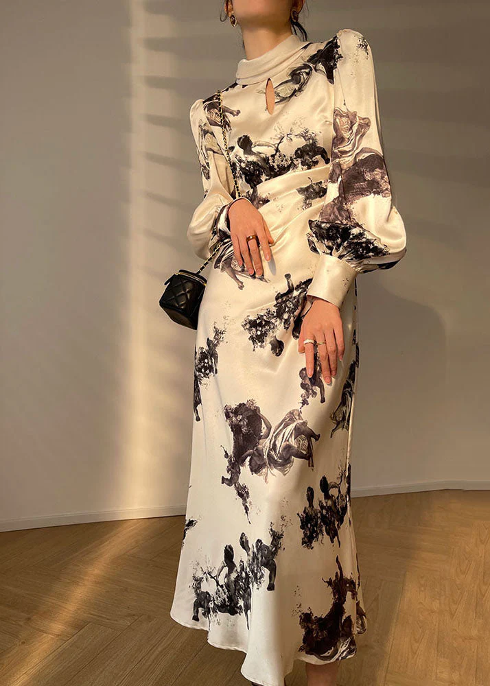 French White Hign Neck Wrinkled Ink Wash Painting Print Silk Dresses Spring - republicanstateiFrench White Hign Neck Wrinkled Ink Wash Painting Print Silk Dresses Spring - republicanstatei