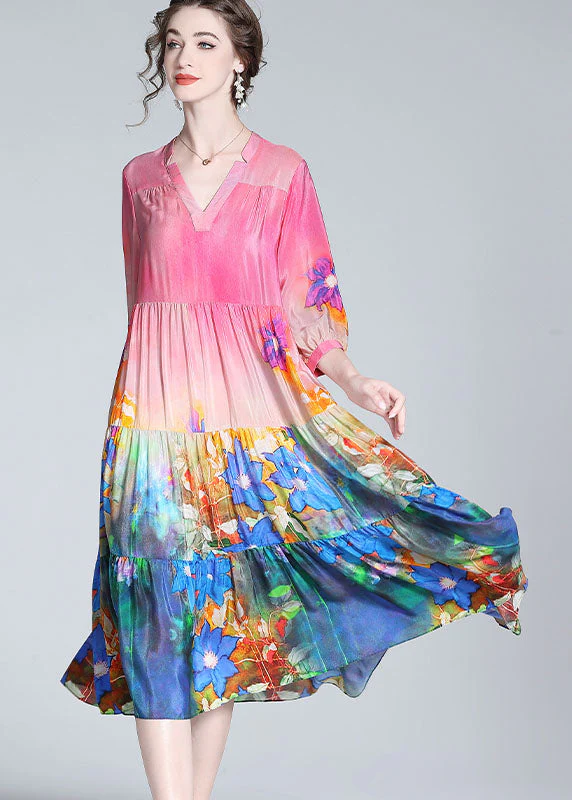 Elegant Colorblock V Neck Print Wrinkled Silk Dresses Bracelet Sleeve - republicanstateiElegant Colorblock V Neck Print Wrinkled Silk Dresses Bracelet Sleeve - republicanstatei