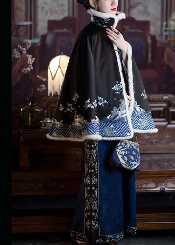 Elegant Black Faux Fur Collar Embroideried Button Silk Coats Long Sleeve - republicanstateiElegant Black Faux Fur Collar Embroideried Button Silk Coats Long Sleeve - republicanstatei