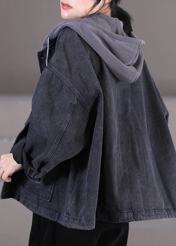 Women Dark Grey Drawstring Knit Patchwork Button Denim Hooded Coats Fall - republicanstateiWomen Dark Grey Drawstring Knit Patchwork Button Denim Hooded Coats Fall - republicanstatei