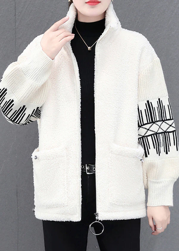 Beige Stand Collar Zippered Striped Patchwork Teddy Faux Fur Coats Winter - republicanstateiBeige Stand Collar Zippered Striped Patchwork Teddy Faux Fur Coats Winter - republicanstatei