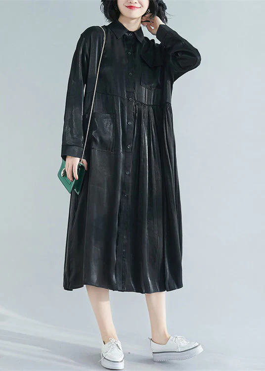 Italian Black Peter Pan Collar Patchwork Button Silk Maxi Shirts Dresses Spring - republicanstateiItalian Black Peter Pan Collar Patchwork Button Silk Maxi Shirts Dresses Spring - republicanstatei