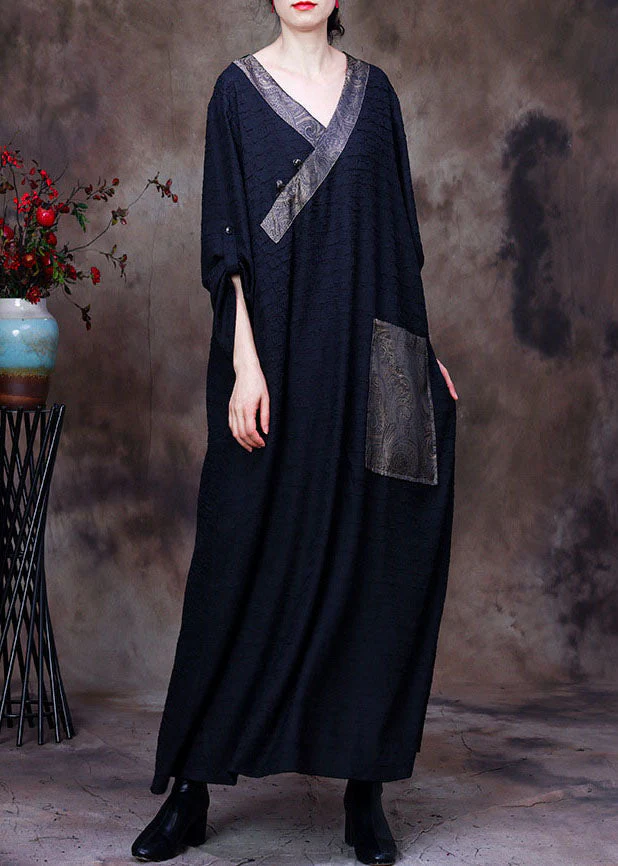 Vintage Black Patchwork Pocket Wrinkled Oriental Button Silk Dress Long Sleeve - republicanstateiVintage Black Patchwork Pocket Wrinkled Oriental Button Silk Dress Long Sleeve - republicanstatei