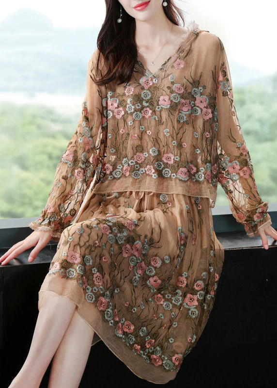 Boutique Beige Hooded Embroideried Patchwork Silk Fake Two Piece Dresses Spring - republicanstateiBoutique Beige Hooded Embroideried Patchwork Silk Fake Two Piece Dresses Spring - republicanstatei