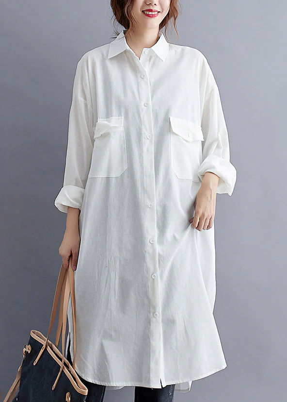 Plus Size White Peter Pan Collar Button Patchwork Cotton Shirts Dress Fall - republicanstateiPlus Size White Peter Pan Collar Button Patchwork Cotton Shirts Dress Fall - republicanstatei