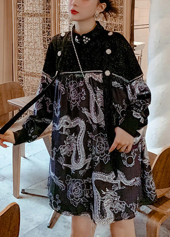 Retro Black Stand Collar Embroideried Patchwork Diamond Mid Dresses Spring - republicanstateiRetro Black Stand Collar Embroideried Patchwork Diamond Mid Dresses Spring - republicanstatei