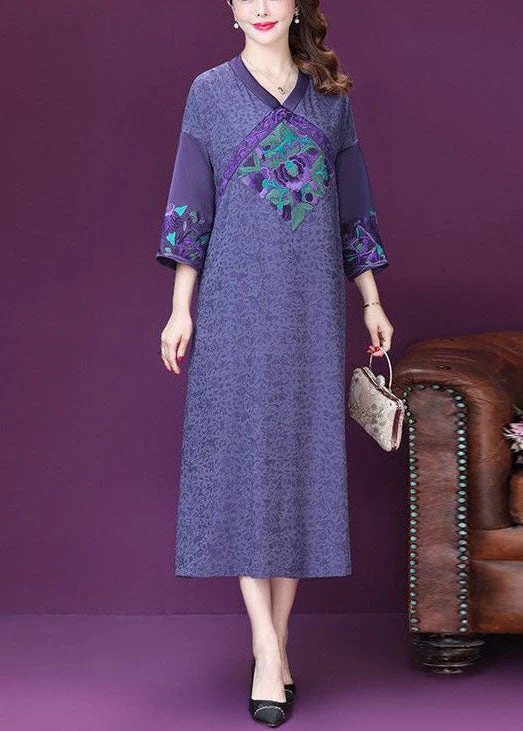 Beautiful Purple Embroideried Patchwork Silk A Line Dresses Bracelet Sleeve - republicanstateiBeautiful Purple Embroideried Patchwork Silk A Line Dresses Bracelet Sleeve - republicanstatei