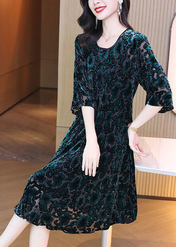 Women Green O-Neck Oversized Print Silk Velour Party Dress Half Sleeve - republicanstateiWomen Green O-Neck Oversized Print Silk Velour Party Dress Half Sleeve - republicanstatei