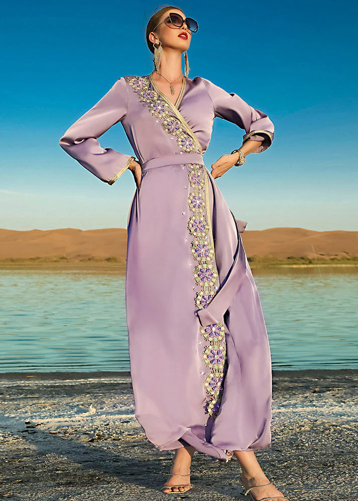 Natural Purple V Neck Patchwork Tie Waist Chiffon Maxi Dresses Long Sleeve - republicanstateiNatural Purple V Neck Patchwork Tie Waist Chiffon Maxi Dresses Long Sleeve - republicanstatei