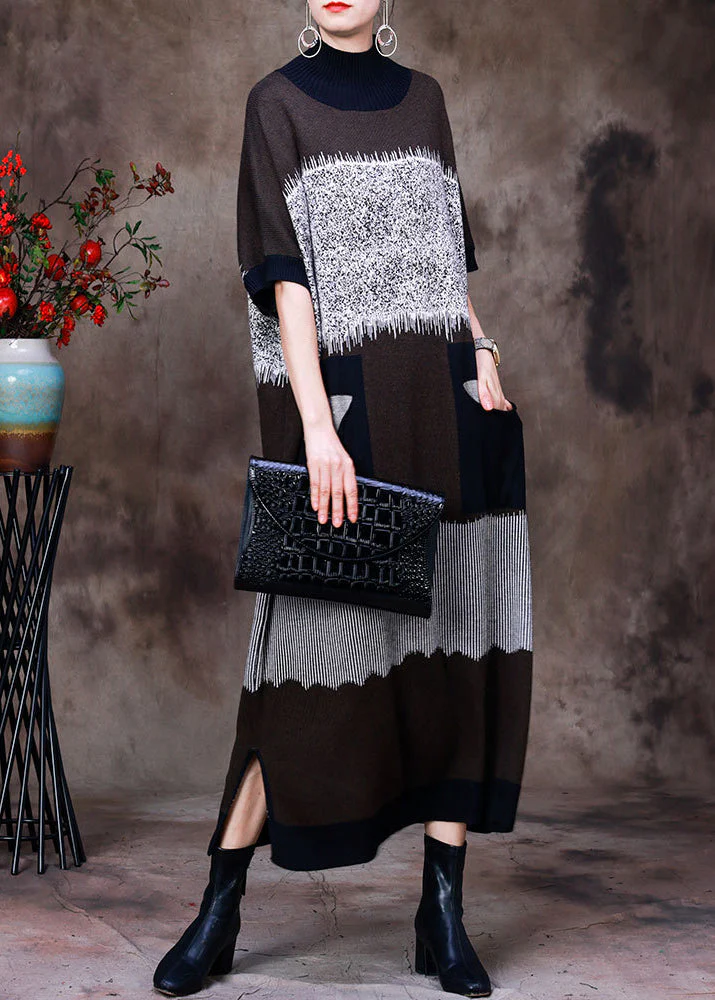 Italian Black Stand Collar Side Open Pockets Wool Patchwork Knit Vacation Dresses Long Sleeve - republicanstateiItalian Black Stand Collar Side Open Pockets Wool Patchwork Knit Vacation Dresses Long Sleeve - republicanstatei