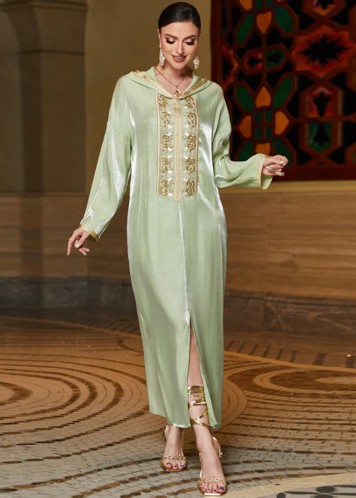 French Mint Green Lace Patchwork Zircon Hooded Chiffon Long Dresses Long Sleeve - republicanstateiFrench Mint Green Lace Patchwork Zircon Hooded Chiffon Long Dresses Long Sleeve - republicanstatei