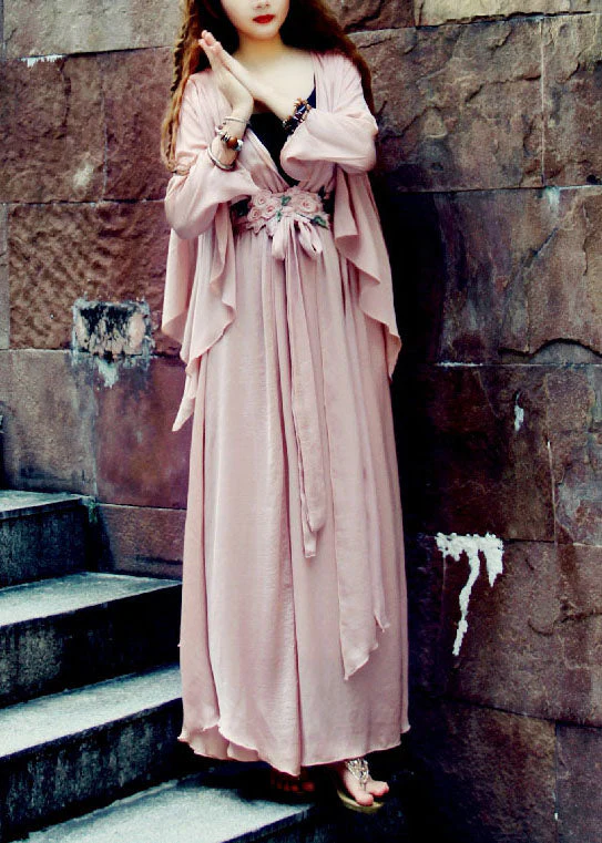 Women Light Pink V Neck Asymmetrical Exra Large Hem Silk Beach Cinch Dress Spring - republicanstateiWomen Light Pink V Neck Asymmetrical Exra Large Hem Silk Beach Cinch Dress Spring - republicanstatei