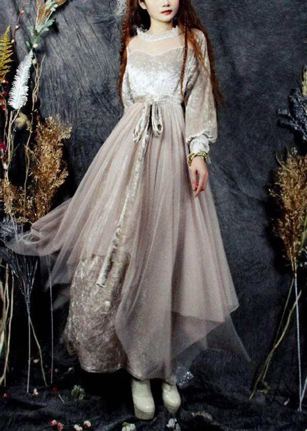 Beautiful Beige Hollow Out Tulle Patchwork Silk Velour Long Dresses Spring - republicanstateiBeautiful Beige Hollow Out Tulle Patchwork Silk Velour Long Dresses Spring - republicanstatei