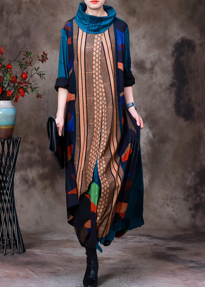 Art Blue Turtleneck Asymmetrical Print Velour Maxi Dresses Long Sleeve - republicanstateiArt Blue Turtleneck Asymmetrical Print Velour Maxi Dresses Long Sleeve - republicanstatei