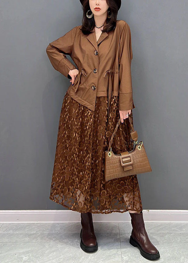 French Chocolate Notched Collar Drawstring Patchwork Tulle Silk Cinch Dress Fall - republicanstateiFrench Chocolate Notched Collar Drawstring Patchwork Tulle Silk Cinch Dress Fall - republicanstatei