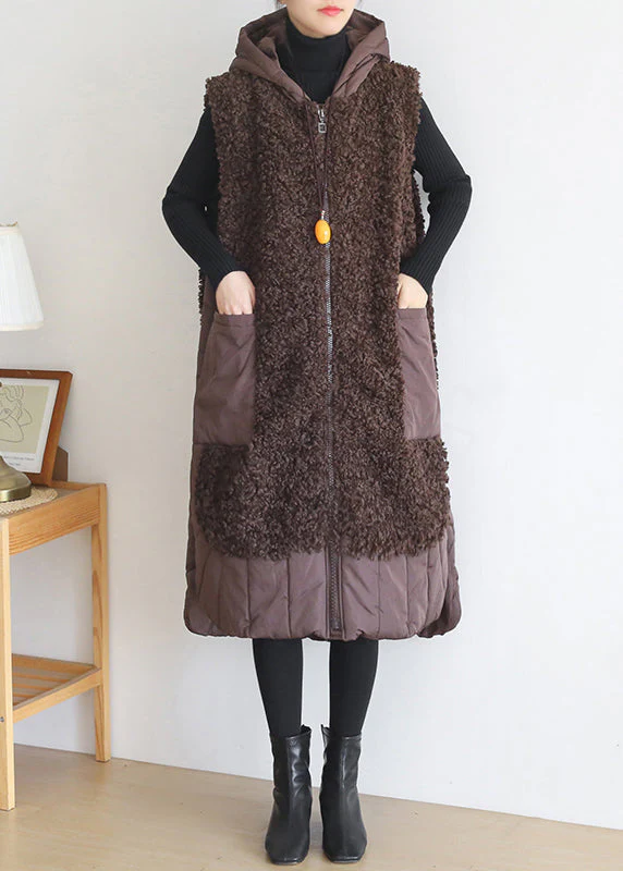 Plus Size Chocolate Colour Zippered Pockets Woolen Cotton Hooded Waistcoat Sleeveless - republicanstateiPlus Size Chocolate Colour Zippered Pockets Woolen Cotton Hooded Waistcoat Sleeveless - republicanstatei