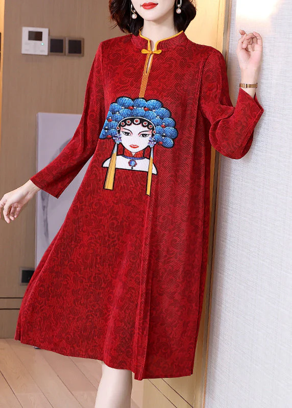 Red Stand Collar Print Patchwork Wrinkled Button Maxi Dress Long Sleeve - republicanstateiRed Stand Collar Print Patchwork Wrinkled Button Maxi Dress Long Sleeve - republicanstatei