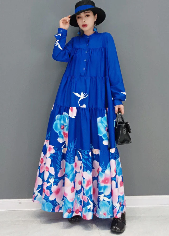 Modern Blue Stand Collar Print Exra Large Hem Cotton A Line Dress Long Sleeve - republicanstateiModern Blue Stand Collar Print Exra Large Hem Cotton A Line Dress Long Sleeve - republicanstatei