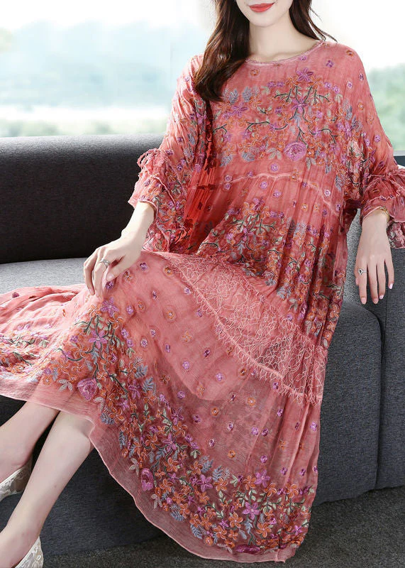 Handmade Pink Embroideried Oversized Silk Vacation Dresses Flare Sleeve - republicanstateiHandmade Pink Embroideried Oversized Silk Vacation Dresses Flare Sleeve - republicanstatei