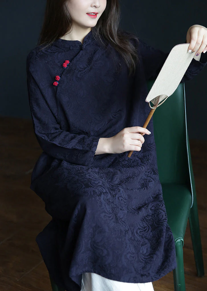 Jacquard Navy Blue Stand Collar Embroideried Floral Button Maxi Dresses Spring - republicanstateiJacquard Navy Blue Stand Collar Embroideried Floral Button Maxi Dresses Spring - republicanstatei