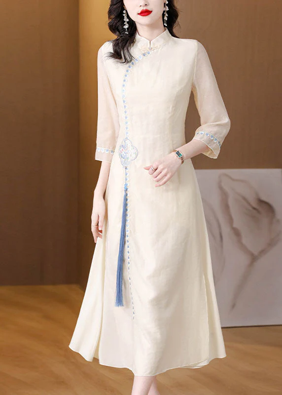 Stylish Apricot Stand Collar Embroidered Tassel Silk Long Dresses Fall - republicanstateiStylish Apricot Stand Collar Embroidered Tassel Silk Long Dresses Fall - republicanstatei