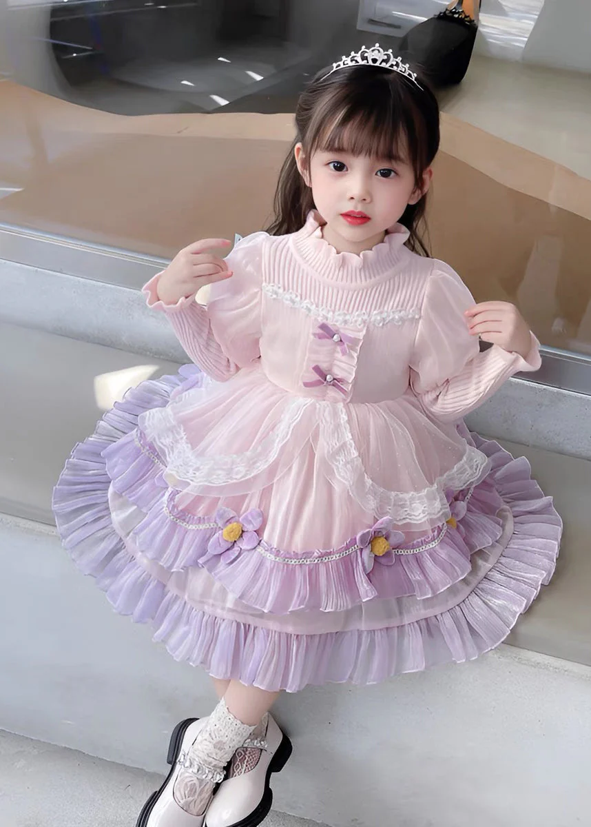 Elegant Pink Turtleneck Tulle Patchwork Knit Girls Holiday Maxi Dress Long Sleeve - republicanstateiElegant Pink Turtleneck Tulle Patchwork Knit Girls Holiday Maxi Dress Long Sleeve - republicanstatei