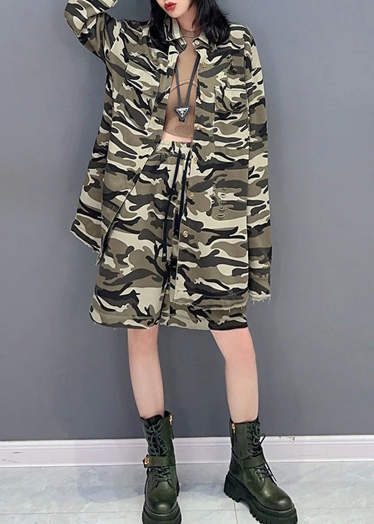 Casual Camouflage Peter Pan Collar Zippered Print Coats And Shorts Two Pieces Set Spring - republicanstateiCasual Camouflage Peter Pan Collar Zippered Print Coats And Shorts Two Pieces Set Spring - republicanstatei