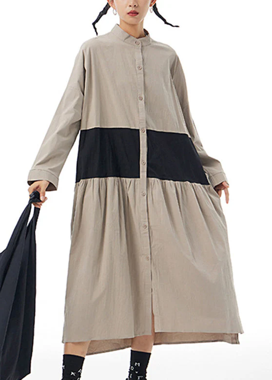 Stylish Khaki Stand Collar Patchwork Button Cotton Long Shirt Dress Long Sleeve - republicanstateiStylish Khaki Stand Collar Patchwork Button Cotton Long Shirt Dress Long Sleeve - republicanstatei
