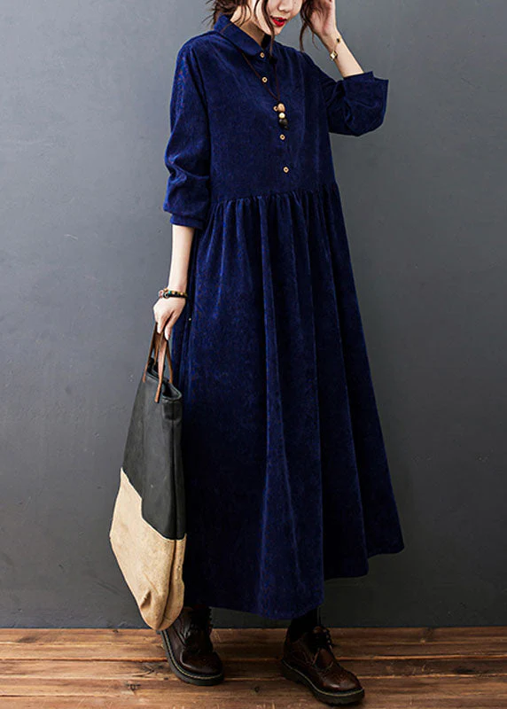 Fitted Navy Blue Peter Pan Collar Patchwork Corduroy Maxi Dresses Fall - republicanstateiFitted Navy Blue Peter Pan Collar Patchwork Corduroy Maxi Dresses Fall - republicanstatei