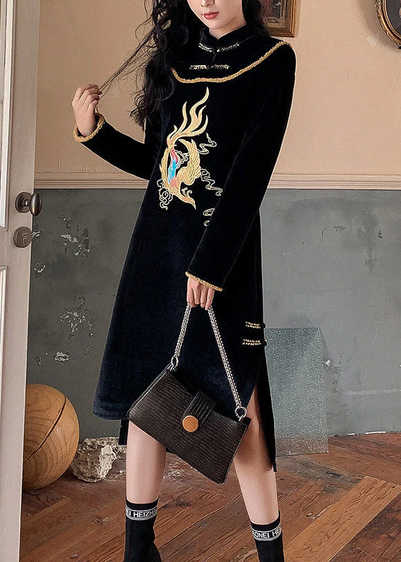 Dinner Black Stand Collar Embroideried Side Open Low High Design Button Velour Vacation Long Dresses Spring - republicanstateiDinner Black Stand Collar Embroideried Side Open Low High Design Button Velour Vacation Long Dresses Spring - republicanstatei