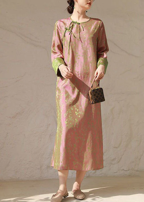 Chinese Style Pink O Neck Tasseled Patchwork Print Silk Dresses Spring - republicanstateiChinese Style Pink O Neck Tasseled Patchwork Print Silk Dresses Spring - republicanstatei