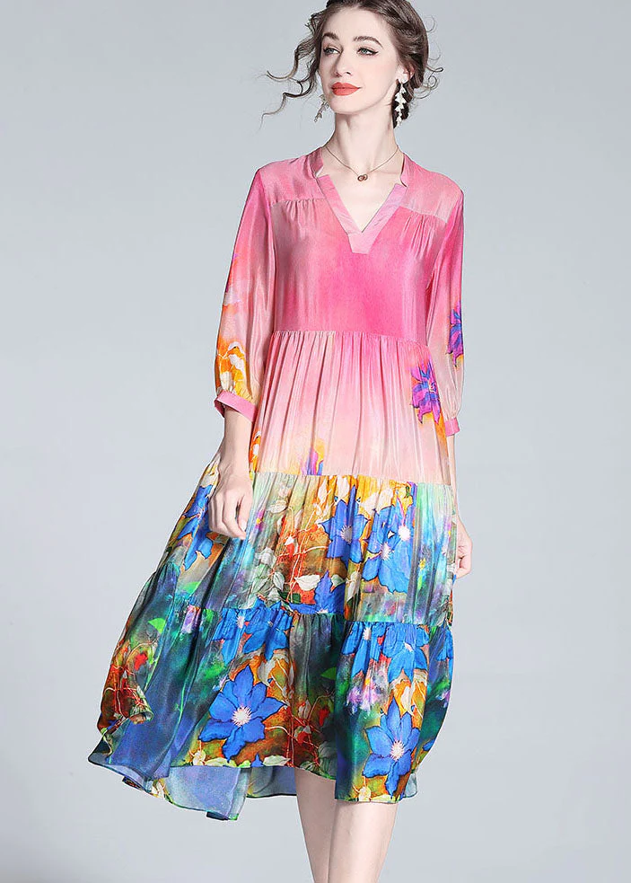 Elegant Colorblock V Neck Print Wrinkled Silk Dresses Bracelet Sleeve - republicanstateiElegant Colorblock V Neck Print Wrinkled Silk Dresses Bracelet Sleeve - republicanstatei