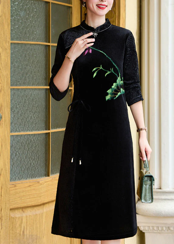 Vintage Black Print Tie waist Silk Velour Vacation Long Dresses Long Sleeve - republicanstateiVintage Black Print Tie waist Silk Velour Vacation Long Dresses Long Sleeve - republicanstatei