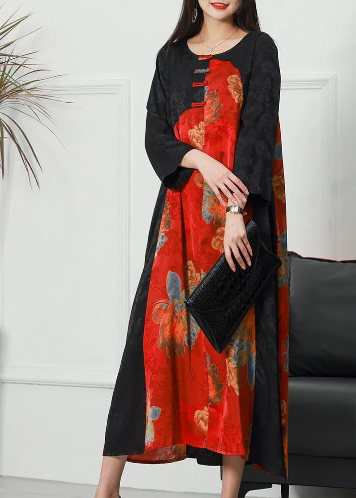 Women Colorblock O-Neck Patchwork Chinese Button Jacquard Silk Long Dress Spring - republicanstateiWomen Colorblock O-Neck Patchwork Chinese Button Jacquard Silk Long Dress Spring - republicanstatei