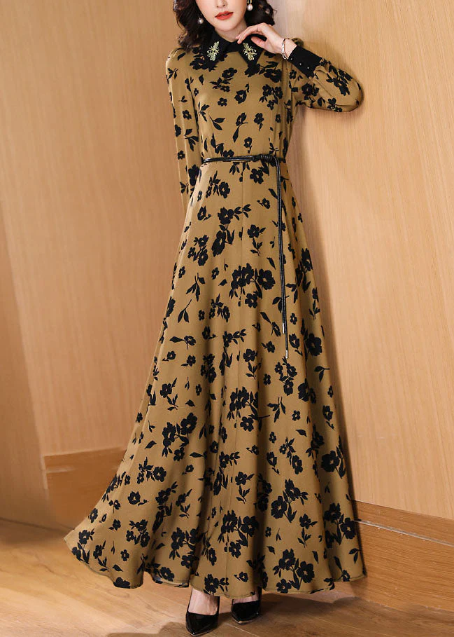 Fashion Peter Pan Collar Print High Waist Tie Waist Chiffon Maxi Dresses Fall - republicanstateiFashion Peter Pan Collar Print High Waist Tie Waist Chiffon Maxi Dresses Fall - republicanstatei