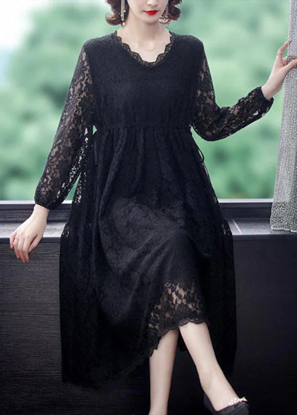 Beautiful Black V Neck Hollow Out Exra Large Hem Lace Maxi Dresses Spring - republicanstateiBeautiful Black V Neck Hollow Out Exra Large Hem Lace Maxi Dresses Spring - republicanstatei