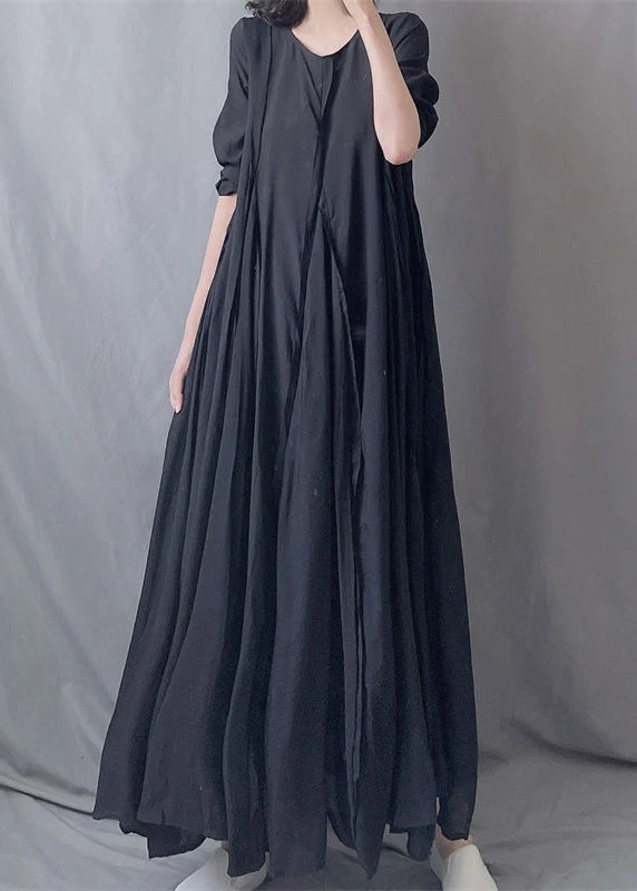 Simple Black O Neck Wrinkled Patchwork Cotton Exra Large Hem Long Dresses Fall - republicanstateiSimple Black O Neck Wrinkled Patchwork Cotton Exra Large Hem Long Dresses Fall - republicanstatei