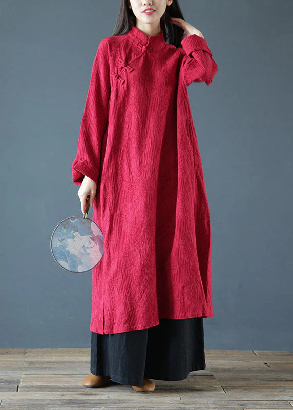 Beautiful Red Stand Collar Jacquard Wrinkled Cotton Dress Cheongsam Spring - republicanstateiBeautiful Red Stand Collar Jacquard Wrinkled Cotton Dress Cheongsam Spring - republicanstatei