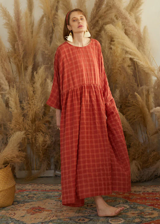 Plus Size Orange O Neck Plaid Wrinkled Patchwork Cotton Maxi Dresses Fall - republicanstateiPlus Size Orange O Neck Plaid Wrinkled Patchwork Cotton Maxi Dresses Fall - republicanstatei