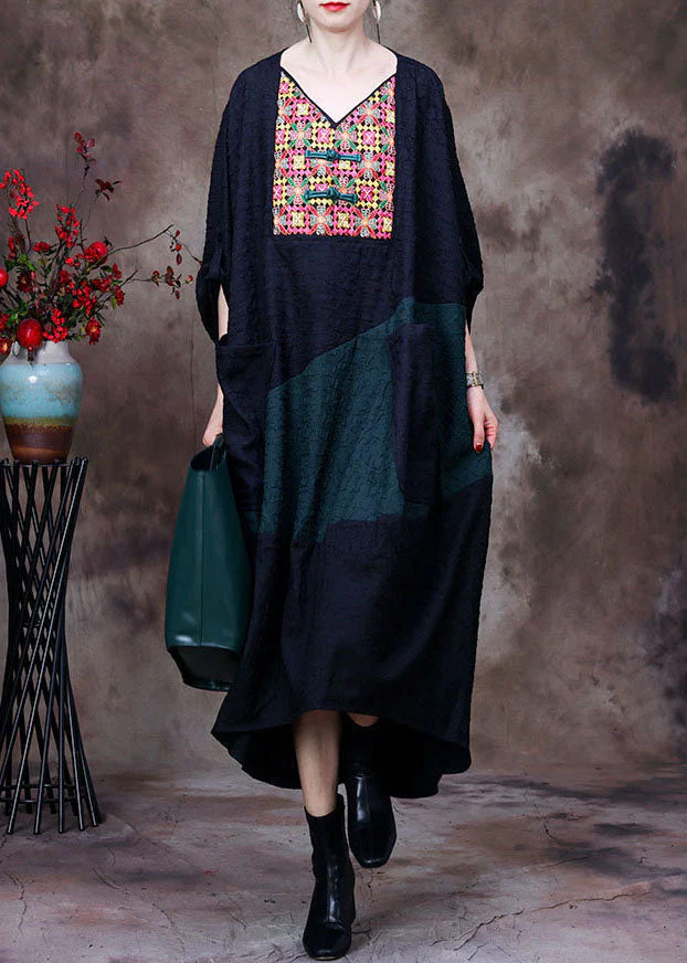 Plus Size Black V Neck Embroideried Patchwork Wrinkled Silk Dresses Long Sleeve - republicanstateiPlus Size Black V Neck Embroideried Patchwork Wrinkled Silk Dresses Long Sleeve - republicanstatei