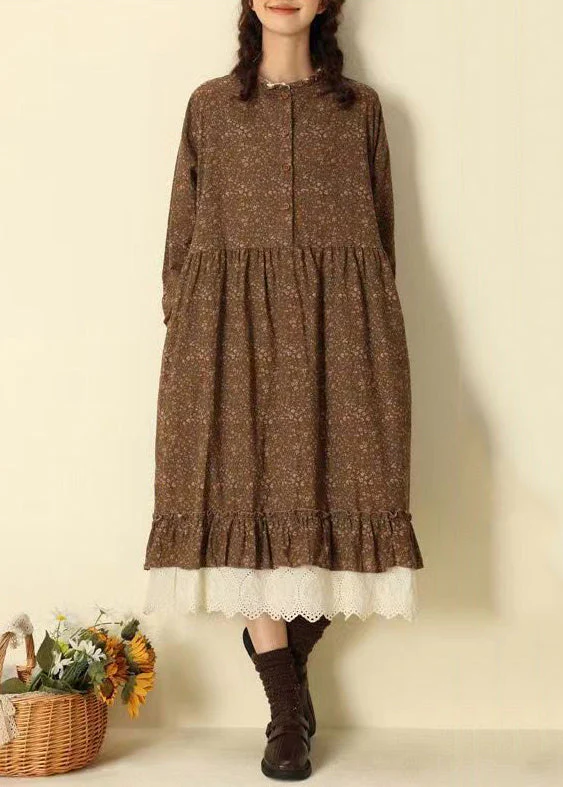 Beautiful Coffee Ruffled Print Pockets Patchwork Cotton Long Dresses Fall - republicanstateiBeautiful Coffee Ruffled Print Pockets Patchwork Cotton Long Dresses Fall - republicanstatei