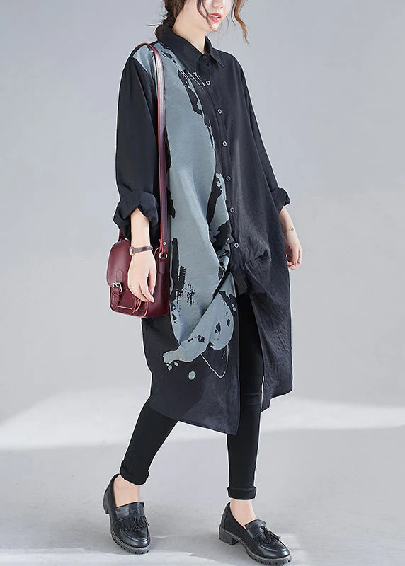 Chic Black Peter Pan Collar Print Patchwork Cotton Shirts Dresses Fall - republicanstateiChic Black Peter Pan Collar Print Patchwork Cotton Shirts Dresses Fall - republicanstatei