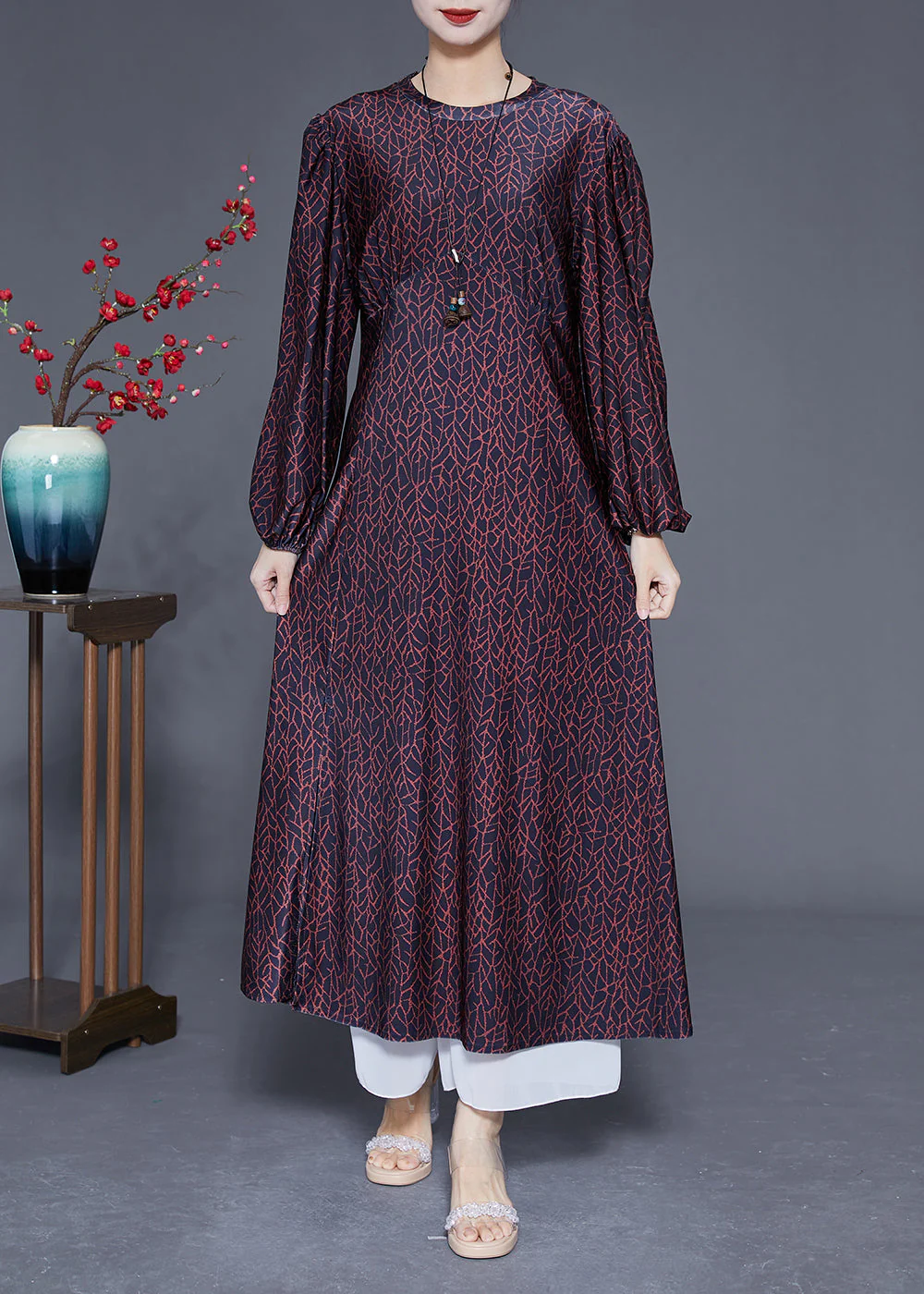 Handmade Black O-Neck Patchwork Print Wrinkled Silk Dress Lantern Sleeve - republicanstateiHandmade Black O-Neck Patchwork Print Wrinkled Silk Dress Lantern Sleeve - republicanstatei