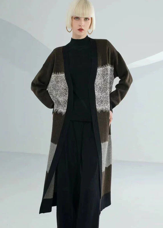 Unique Chocolate Green V Neck Patchwork Print Wool Knit Cardigan Long Sleeve - republicanstateiUnique Chocolate Green V Neck Patchwork Print Wool Knit Cardigan Long Sleeve - republicanstatei