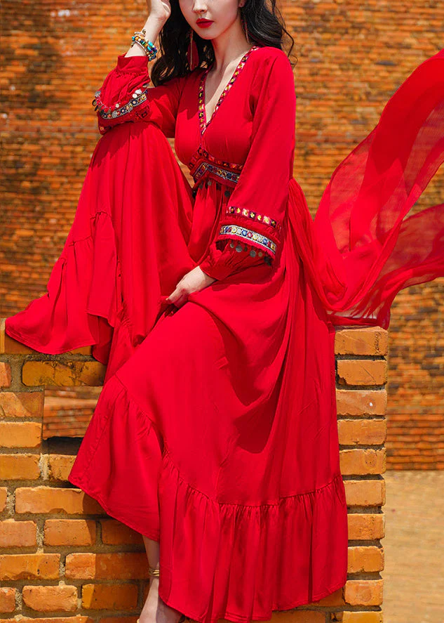 Beach Red V Neck Tasseled Sequins Patchwork Chiffon Exra Large Hem Dresses Fall - republicanstateiBeach Red V Neck Tasseled Sequins Patchwork Chiffon Exra Large Hem Dresses Fall - republicanstatei