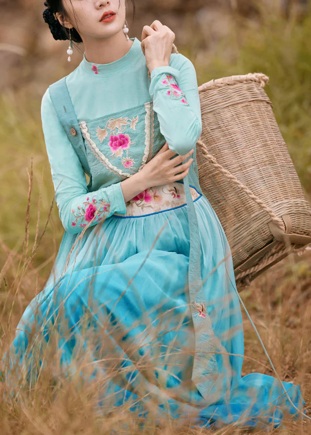 Vogue Blue Slash Neck Embroideried Floral Gradient Color Button Silk Maxi Dress Sleeveless - republicanstateiVogue Blue Slash Neck Embroideried Floral Gradient Color Button Silk Maxi Dress Sleeveless - republicanstatei